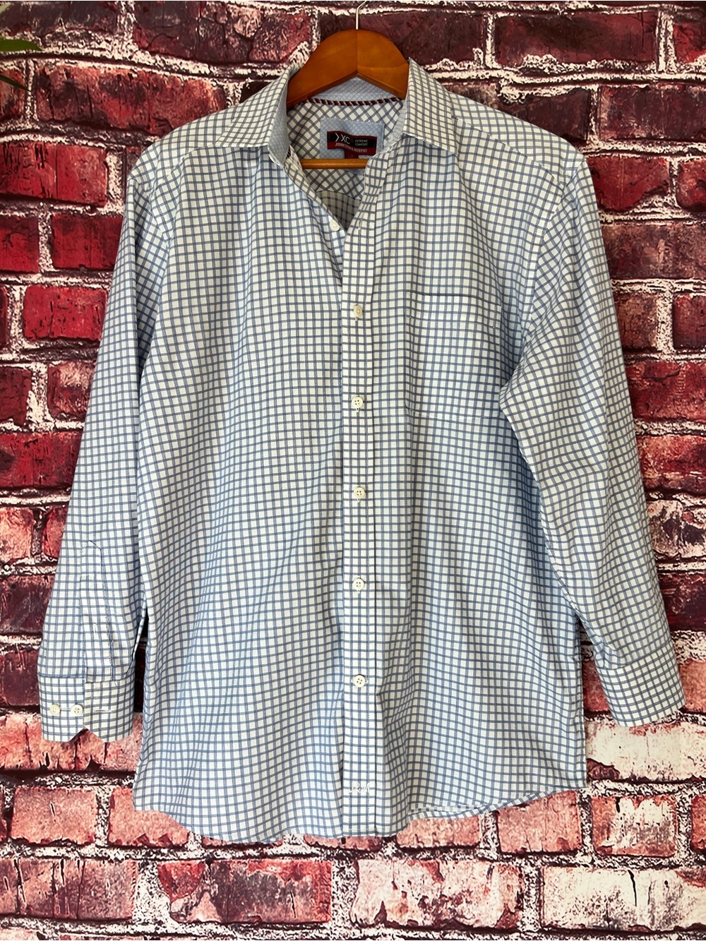 Johnston & Murphy XC Flex Blue & White Grid Check Long Sleeve Dress Shirt